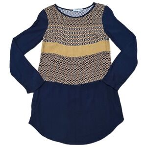 Sam&Lavi Navy Geometric Diamond Print Long Sleeve Tunic Blouse Small Made in USA